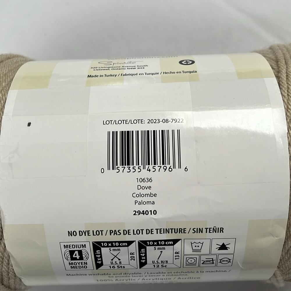 Caron Yarnspirations One Pound Yarn 10636 Dove Beige Acrylic 16 oz Medium - Picture 5 of 7